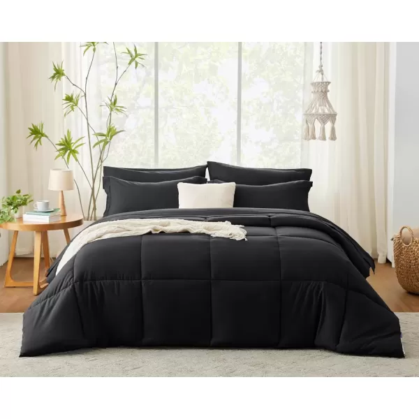 imageCozyLux Queen Comforter Set  7 Pieces Bed in a Bag Set Black Queen Complete Bedding Sets Bed Set for All Season with Comforter Flat Sheets Fitted Sheet Pillowcases ampamp ShamsBlack