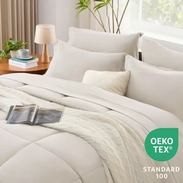 imageCozyLux Queen Comforter Set  7 Pieces Bed in a Bag Set Black Queen Complete Bedding Sets Bed Set for All Season with Comforter Flat Sheets Fitted Sheet Pillowcases ampamp ShamsBeige