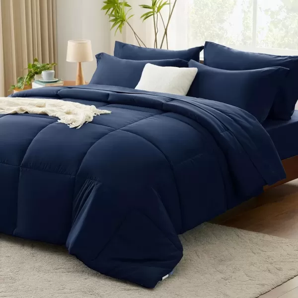imageCozyLux Queen Comforter Set  7 Pieces Bed in a Bag Set Black Queen Complete Bedding Sets Bed Set for All Season with Comforter Flat Sheets Fitted Sheet Pillowcases ampamp ShamsNavy Blue