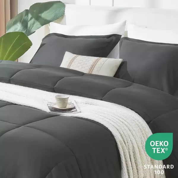 imageCozyLux Queen Comforter Set  Black Comforter Queen Size 3 Pieces Box Stitched Bed Set for All Seasons Soft Lightweight Bedding Sets with 1 Down Alternative Comforter and 2 Pillow ShamsDark Grey