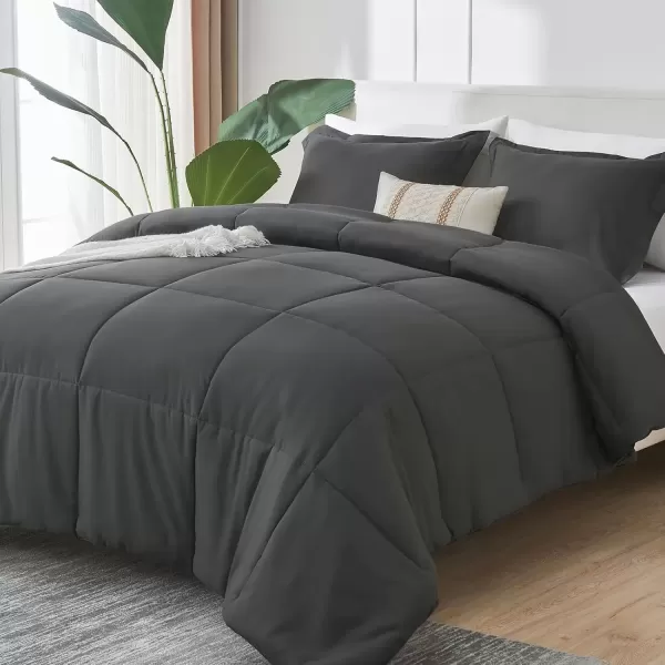 imageCozyLux Queen Comforter Set  Black Comforter Queen Size 3 Pieces Box Stitched Bed Set for All Seasons Soft Lightweight Bedding Sets with 1 Down Alternative Comforter and 2 Pillow ShamsDark Grey