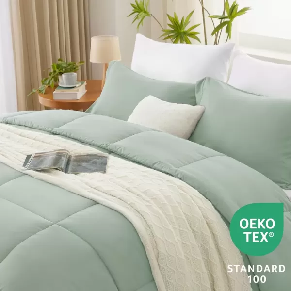 imageCozyLux Queen Comforter Set  Black Comforter Queen Size 3 Pieces Box Stitched Bed Set for All Seasons Soft Lightweight Bedding Sets with 1 Down Alternative Comforter and 2 Pillow ShamsSage Green