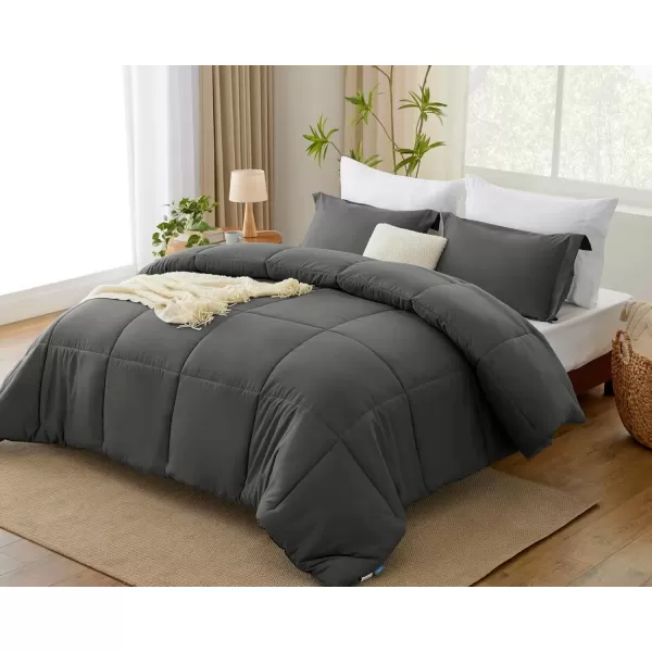 imageCozyLux Queen Comforter Set  Black Comforter Queen Size 3 Pieces Box Stitched Bed Set for All Seasons Soft Lightweight Bedding Sets with 1 Down Alternative Comforter and 2 Pillow ShamsDark Grey
