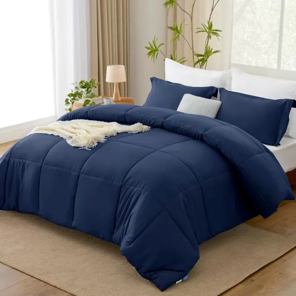 imageCozyLux Queen Comforter Set  Black Comforter Queen Size 3 Pieces Box Stitched Bed Set for All Seasons Soft Lightweight Bedding Sets with 1 Down Alternative Comforter and 2 Pillow ShamsNavy