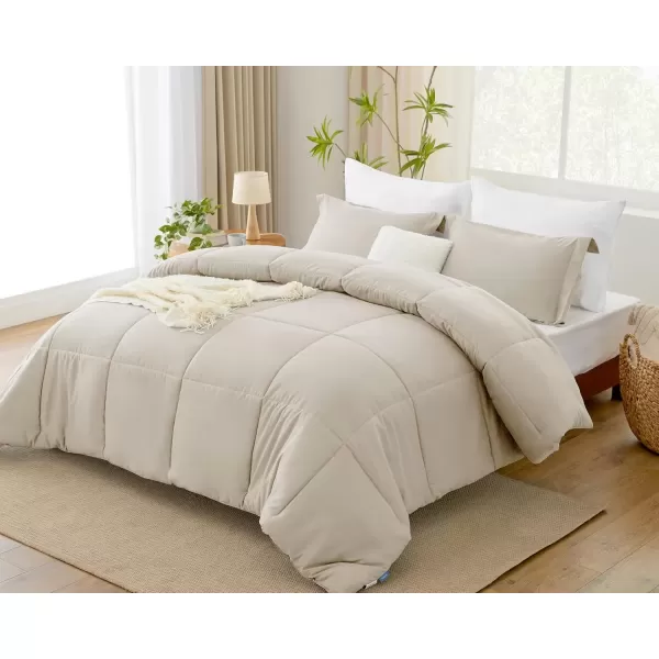 imageCozyLux Queen Comforter Set  Black Comforter Queen Size 3 Pieces Box Stitched Bed Set for All Seasons Soft Lightweight Bedding Sets with 1 Down Alternative Comforter and 2 Pillow ShamsBeige