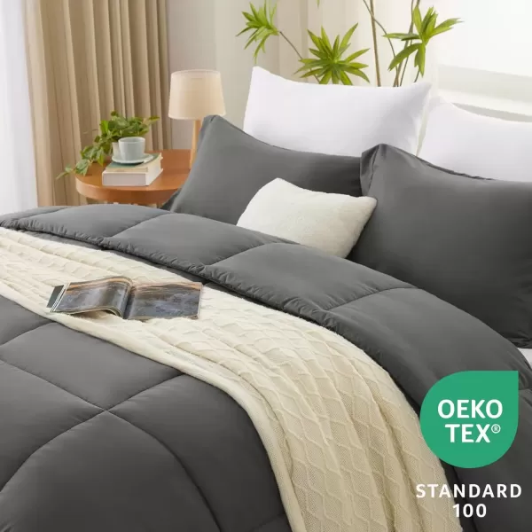imageCozyLux Queen Comforter Set  Black Comforter Queen Size 3 Pieces Box Stitched Bed Set for All Seasons Soft Lightweight Bedding Sets with 1 Down Alternative Comforter and 2 Pillow ShamsDark Grey