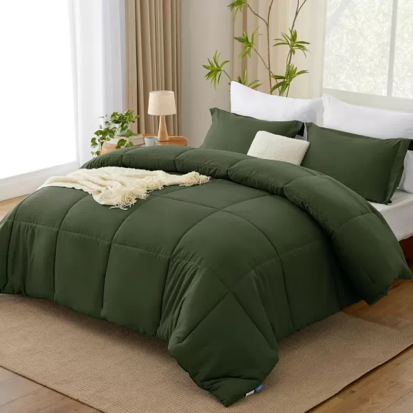 imageCozyLux Queen Comforter Set  Black Comforter Queen Size 3 Pieces Box Stitched Bed Set for All Seasons Soft Lightweight Bedding Sets with 1 Down Alternative Comforter and 2 Pillow ShamsOlive Green