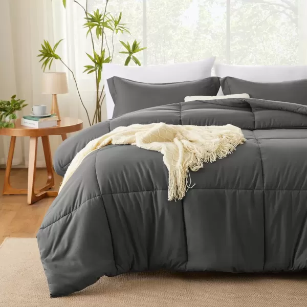 imageCozyLux Queen Comforter Set  Black Comforter Queen Size 3 Pieces Box Stitched Bed Set for All Seasons Soft Lightweight Bedding Sets with 1 Down Alternative Comforter and 2 Pillow ShamsDark Grey