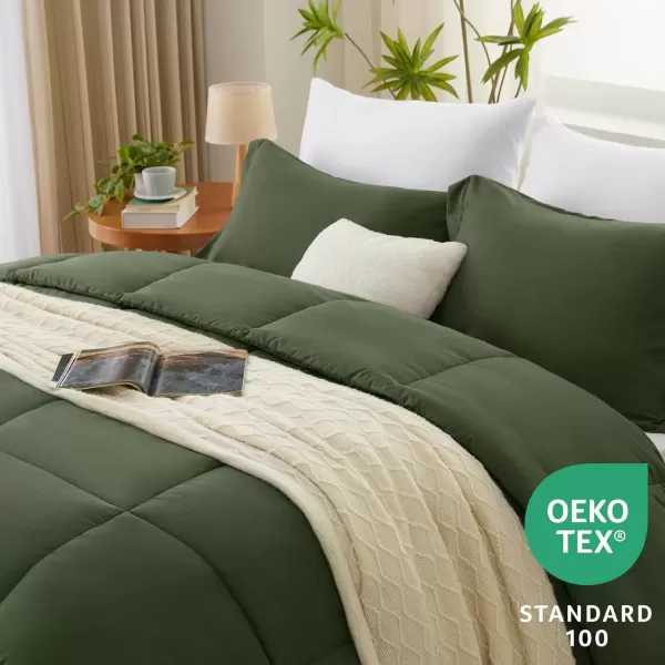 imageCozyLux Queen Comforter Set  Black Comforter Queen Size 3 Pieces Box Stitched Bed Set for All Seasons Soft Lightweight Bedding Sets with 1 Down Alternative Comforter and 2 Pillow ShamsOlive Green