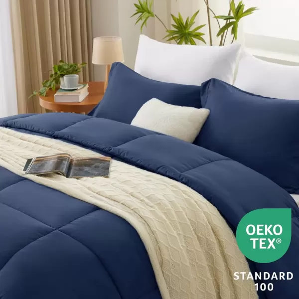 imageCozyLux Queen Comforter Set  Black Comforter Queen Size 3 Pieces Box Stitched Bed Set for All Seasons Soft Lightweight Bedding Sets with 1 Down Alternative Comforter and 2 Pillow ShamsNavy