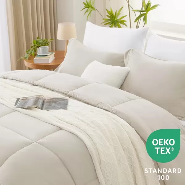 imageCozyLux Queen Comforter Set  Black Comforter Queen Size 3 Pieces Box Stitched Bed Set for All Seasons Soft Lightweight Bedding Sets with 1 Down Alternative Comforter and 2 Pillow ShamsBeige