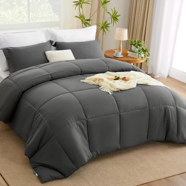 imageCozyLux Queen Comforter Set  Black Comforter Queen Size 3 Pieces Box Stitched Bed Set for All Seasons Soft Lightweight Bedding Sets with 1 Down Alternative Comforter and 2 Pillow ShamsDark Grey