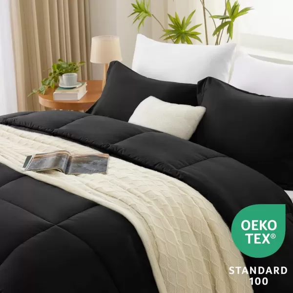 imageCozyLux Queen Comforter Set  Black Comforter Queen Size 3 Pieces Box Stitched Bed Set for All Seasons Soft Lightweight Bedding Sets with 1 Down Alternative Comforter and 2 Pillow ShamsBlack