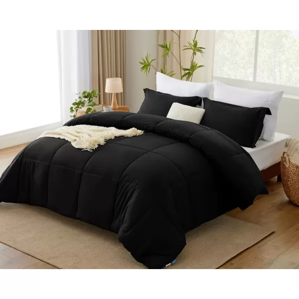 imageCozyLux Queen Comforter Set  Black Comforter Queen Size 3 Pieces Box Stitched Bed Set for All Seasons Soft Lightweight Bedding Sets with 1 Down Alternative Comforter and 2 Pillow ShamsBlack