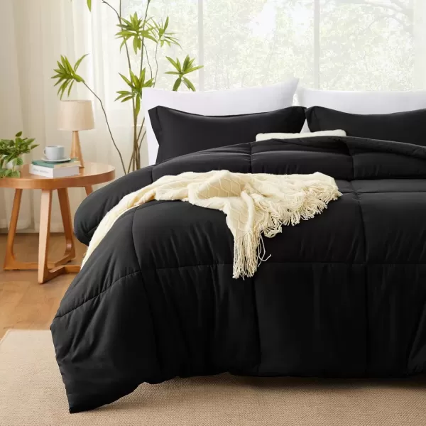 imageCozyLux Queen Comforter Set  Black Comforter Queen Size 3 Pieces Box Stitched Bed Set for All Seasons Soft Lightweight Bedding Sets with 1 Down Alternative Comforter and 2 Pillow ShamsBlack