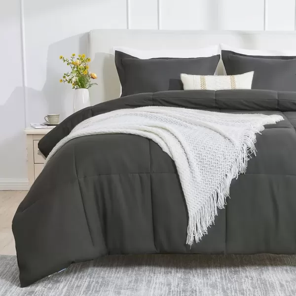 imageCozyLux Queen Comforter Set  Black Comforter Queen Size 3 Pieces Box Stitched Bed Set for All Seasons Soft Lightweight Bedding Sets with 1 Down Alternative Comforter and 2 Pillow ShamsDark Grey
