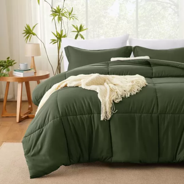 imageCozyLux Queen Comforter Set  Black Comforter Queen Size 3 Pieces Box Stitched Bed Set for All Seasons Soft Lightweight Bedding Sets with 1 Down Alternative Comforter and 2 Pillow ShamsOlive Green