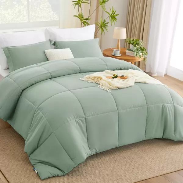 imageCozyLux Queen Comforter Set  Black Comforter Queen Size 3 Pieces Box Stitched Bed Set for All Seasons Soft Lightweight Bedding Sets with 1 Down Alternative Comforter and 2 Pillow ShamsSage Green