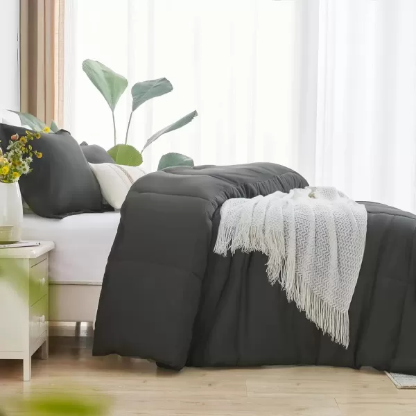 imageCozyLux Queen Comforter Set  Black Comforter Queen Size 3 Pieces Box Stitched Bed Set for All Seasons Soft Lightweight Bedding Sets with 1 Down Alternative Comforter and 2 Pillow ShamsDark Grey