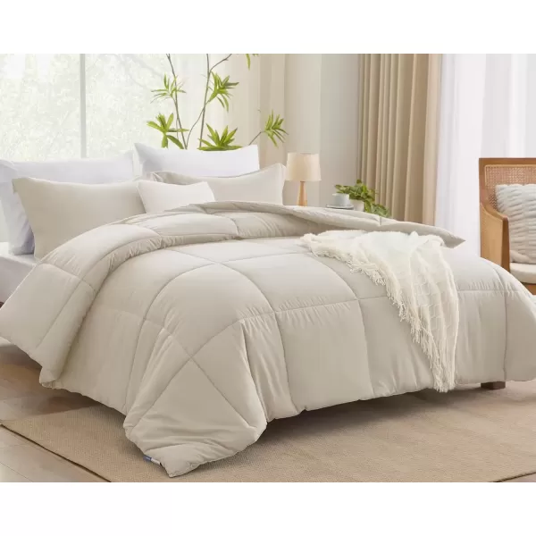 imageCozyLux Queen Comforter Set  Black Comforter Queen Size 3 Pieces Box Stitched Bed Set for All Seasons Soft Lightweight Bedding Sets with 1 Down Alternative Comforter and 2 Pillow ShamsBeige
