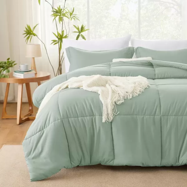 imageCozyLux Queen Comforter Set  Black Comforter Queen Size 3 Pieces Box Stitched Bed Set for All Seasons Soft Lightweight Bedding Sets with 1 Down Alternative Comforter and 2 Pillow ShamsSage Green
