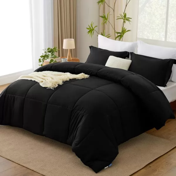 imageCozyLux Queen Comforter Set  Black Comforter Queen Size 3 Pieces Box Stitched Bed Set for All Seasons Soft Lightweight Bedding Sets with 1 Down Alternative Comforter and 2 Pillow ShamsBlack