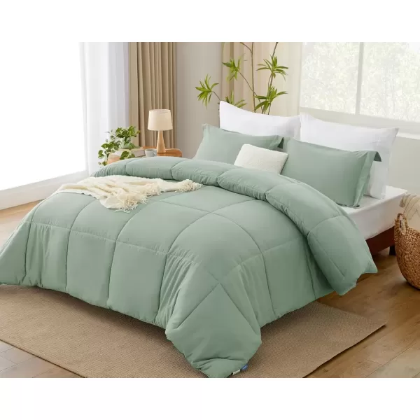 imageCozyLux Queen Comforter Set  Black Comforter Queen Size 3 Pieces Box Stitched Bed Set for All Seasons Soft Lightweight Bedding Sets with 1 Down Alternative Comforter and 2 Pillow ShamsSage Green