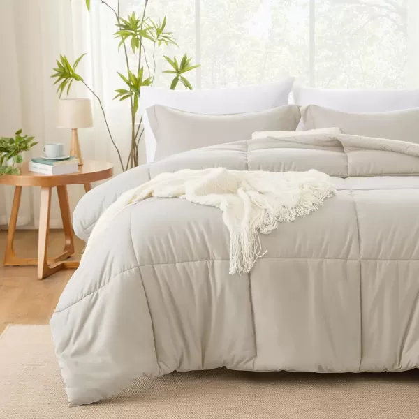 imageCozyLux Queen Comforter Set  Black Comforter Queen Size 3 Pieces Box Stitched Bed Set for All Seasons Soft Lightweight Bedding Sets with 1 Down Alternative Comforter and 2 Pillow ShamsBeige