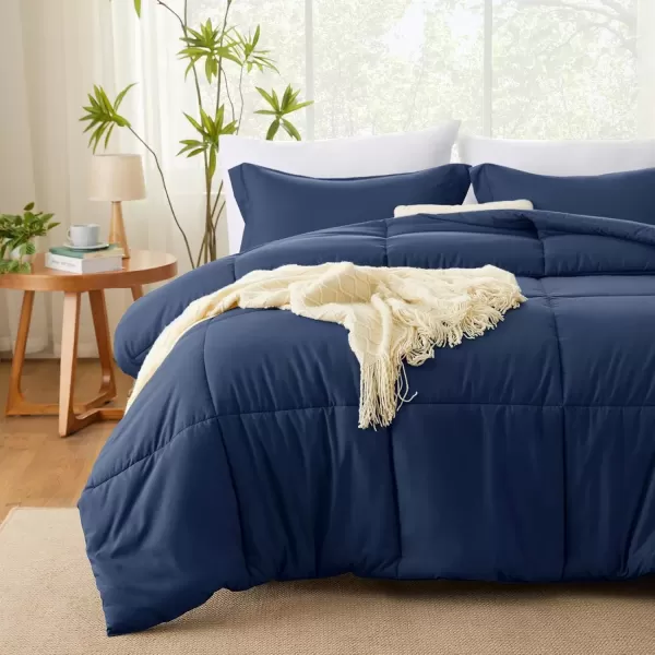imageCozyLux Queen Comforter Set  Black Comforter Queen Size 3 Pieces Box Stitched Bed Set for All Seasons Soft Lightweight Bedding Sets with 1 Down Alternative Comforter and 2 Pillow ShamsNavy