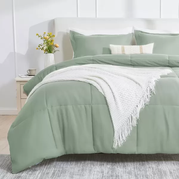 imageCozyLux Queen Comforter Set  Black Comforter Queen Size 3 Pieces Box Stitched Bed Set for All Seasons Soft Lightweight Bedding Sets with 1 Down Alternative Comforter and 2 Pillow ShamsSage Green