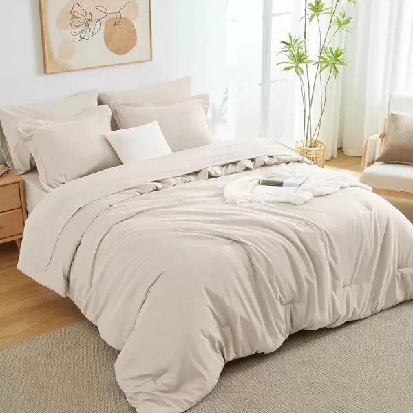imageCozyLux Queen Comforter Set 7 Pieces Bed in a Bag Sage Green Bedding Sets with Comforter and Sheets All Season 7PC Bed Set with Comforter Fitted Sheets Flat Sheets Pillow Shams and PillowcasesBeige