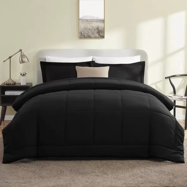 imageCozyLux Queen Size Comforter Sets  Black Comforter Queen Size 3 Pieces Box Stitched Soft Lightweight Bed Set All Season Bedding Sets with 1 Down Alternative Comforter and 2 Pillow ShamsBlack