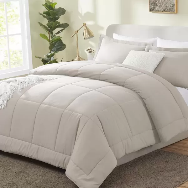 imageCozyLux Queen Size Comforter Sets  Black Comforter Queen Size 3 Pieces Box Stitched Soft Lightweight Bed Set All Season Bedding Sets with 1 Down Alternative Comforter and 2 Pillow ShamsBeige
