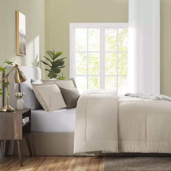 imageCozyLux Queen Size Comforter Sets  Black Comforter Queen Size 3 Pieces Box Stitched Soft Lightweight Bed Set All Season Bedding Sets with 1 Down Alternative Comforter and 2 Pillow ShamsOatmeal