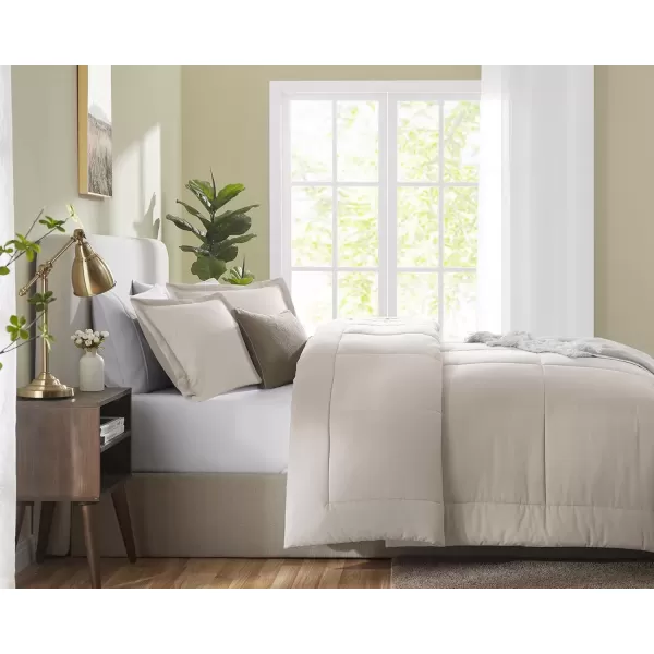 imageCozyLux Queen Size Comforter Sets  Black Comforter Queen Size 3 Pieces Box Stitched Soft Lightweight Bed Set All Season Bedding Sets with 1 Down Alternative Comforter and 2 Pillow ShamsBeige