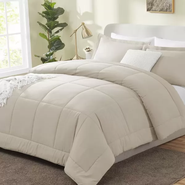 imageCozyLux Queen Size Comforter Sets  Black Comforter Queen Size 3 Pieces Box Stitched Soft Lightweight Bed Set All Season Bedding Sets with 1 Down Alternative Comforter and 2 Pillow ShamsOatmeal
