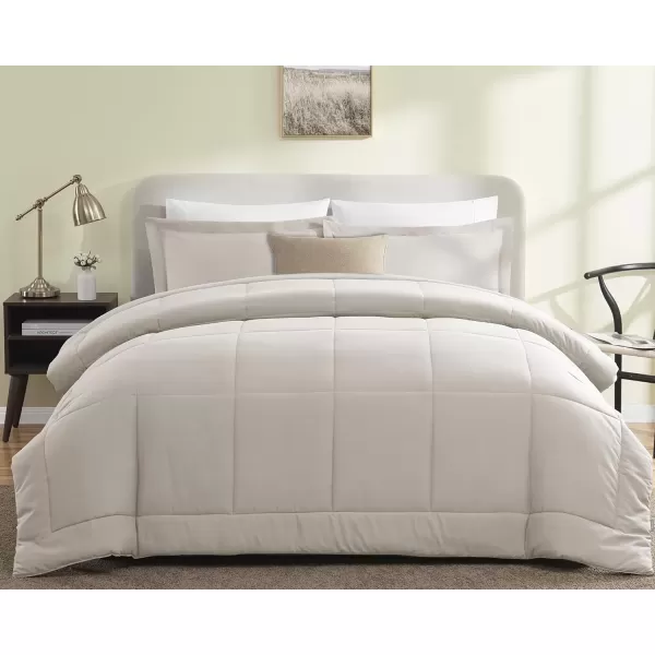 imageCozyLux Queen Size Comforter Sets  Black Comforter Queen Size 3 Pieces Box Stitched Soft Lightweight Bed Set All Season Bedding Sets with 1 Down Alternative Comforter and 2 Pillow ShamsBeige
