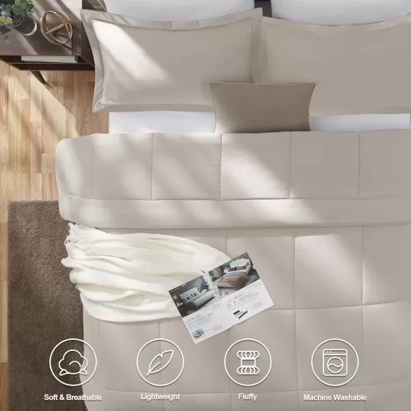 imageCozyLux Queen Size Comforter Sets  Black Comforter Queen Size 3 Pieces Box Stitched Soft Lightweight Bed Set All Season Bedding Sets with 1 Down Alternative Comforter and 2 Pillow ShamsBeige