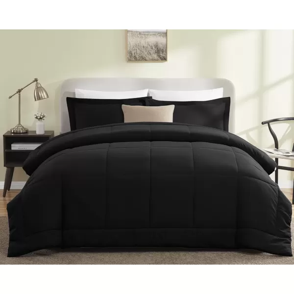 imageCozyLux Queen Size Comforter Sets  Black Comforter Queen Size 3 Pieces Box Stitched Soft Lightweight Bed Set All Season Bedding Sets with 1 Down Alternative Comforter and 2 Pillow ShamsBlack