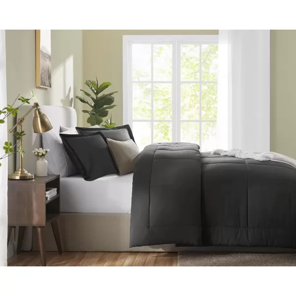 imageCozyLux Queen Size Comforter Sets  Black Comforter Queen Size 3 Pieces Box Stitched Soft Lightweight Bed Set All Season Bedding Sets with 1 Down Alternative Comforter and 2 Pillow ShamsDark Grey