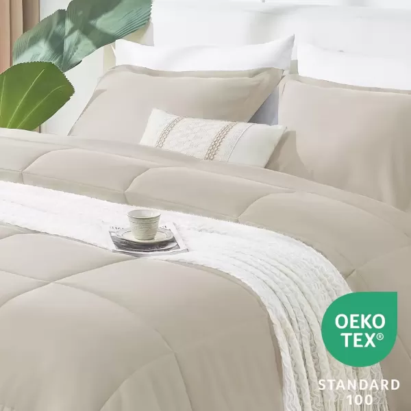 imageCozyLux Queen Size Comforter Sets  Black Comforter Queen Size 3 Pieces Box Stitched Soft Lightweight Bed Set All Season Bedding Sets with 1 Down Alternative Comforter and 2 Pillow ShamsOatmeal