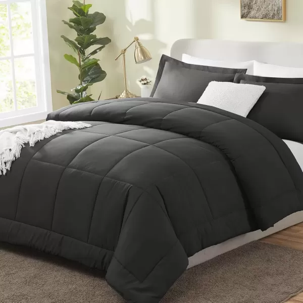 imageCozyLux Queen Size Comforter Sets  Black Comforter Queen Size 3 Pieces Box Stitched Soft Lightweight Bed Set All Season Bedding Sets with 1 Down Alternative Comforter and 2 Pillow ShamsDark Grey