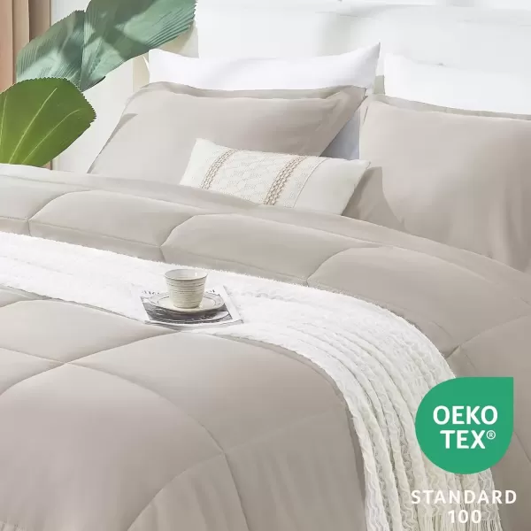 imageCozyLux Queen Size Comforter Sets  Black Comforter Queen Size 3 Pieces Box Stitched Soft Lightweight Bed Set All Season Bedding Sets with 1 Down Alternative Comforter and 2 Pillow ShamsBeige