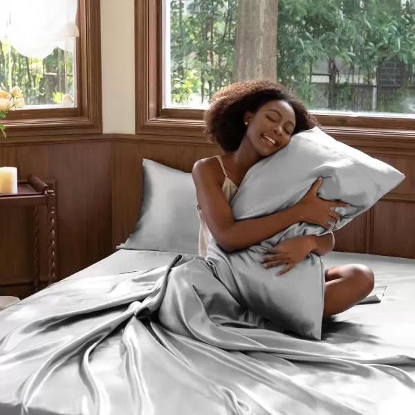 imageCozyLux Satin Sheets Queen Size  4 Piece Black Bed Sheet Set with Silky Microfiber 1 Deep Pocket Fitted Sheet 1 Flat Sheet and 2 Pillowcases  Smooth and SoftLight Grey