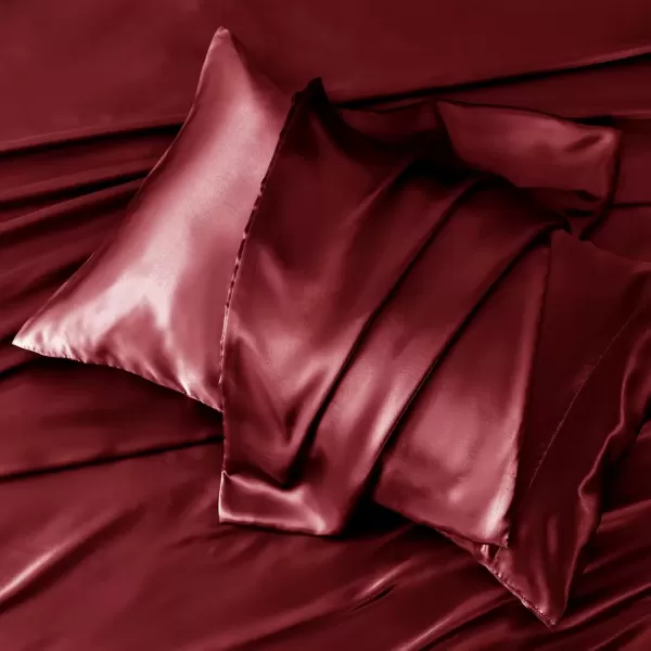 imageCozyLux Satin Sheets Queen Size  4 Piece Black Bed Sheet Set with Silky Microfiber 1 Deep Pocket Fitted Sheet 1 Flat Sheet and 2 Pillowcases  Smooth and SoftBurgundy