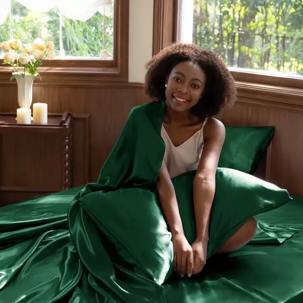 imageCozyLux Satin Sheets Queen Size  4 Piece Black Bed Sheet Set with Silky Microfiber 1 Deep Pocket Fitted Sheet 1 Flat Sheet and 2 Pillowcases  Smooth and SoftDark Green