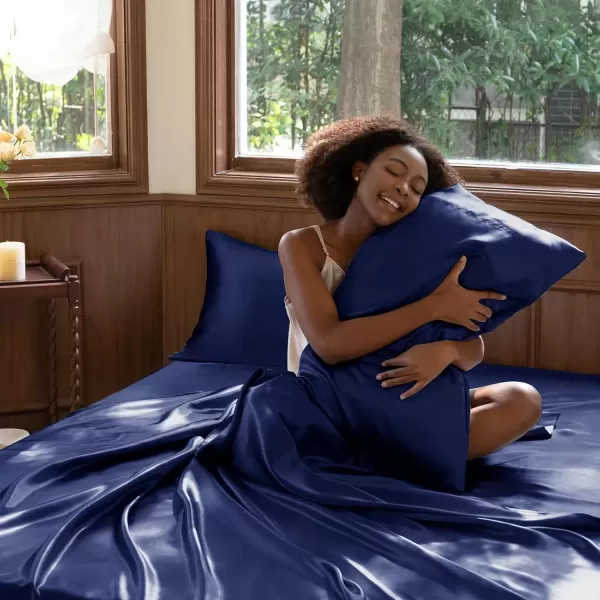 imageCozyLux Satin Sheets Queen Size  4 Piece Black Bed Sheet Set with Silky Microfiber 1 Deep Pocket Fitted Sheet 1 Flat Sheet and 2 Pillowcases  Smooth and SoftNavy Blue