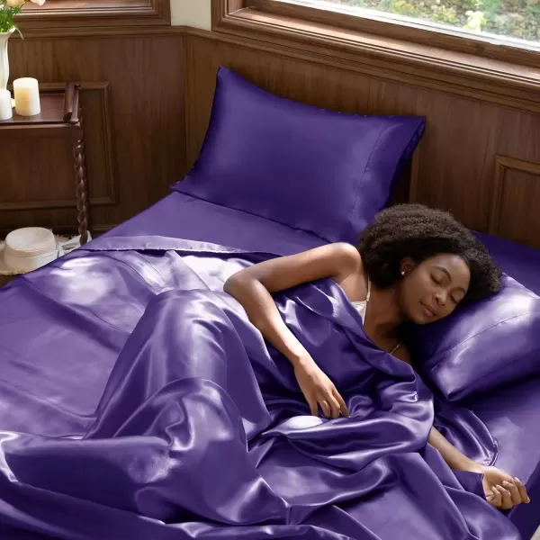 imageCozyLux Satin Sheets Queen Size  4 Piece Black Bed Sheet Set with Silky Microfiber 1 Deep Pocket Fitted Sheet 1 Flat Sheet and 2 Pillowcases  Smooth and SoftPurple