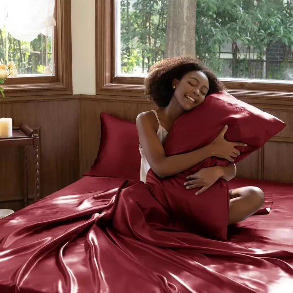 imageCozyLux Satin Sheets Queen Size  4 Piece Black Bed Sheet Set with Silky Microfiber 1 Deep Pocket Fitted Sheet 1 Flat Sheet and 2 Pillowcases  Smooth and SoftBurgundy