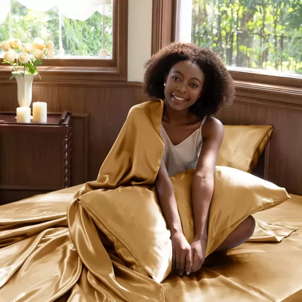 imageCozyLux Satin Sheets Queen Size  4 Piece Black Bed Sheet Set with Silky Microfiber 1 Deep Pocket Fitted Sheet 1 Flat Sheet and 2 Pillowcases  Smooth and SoftGold